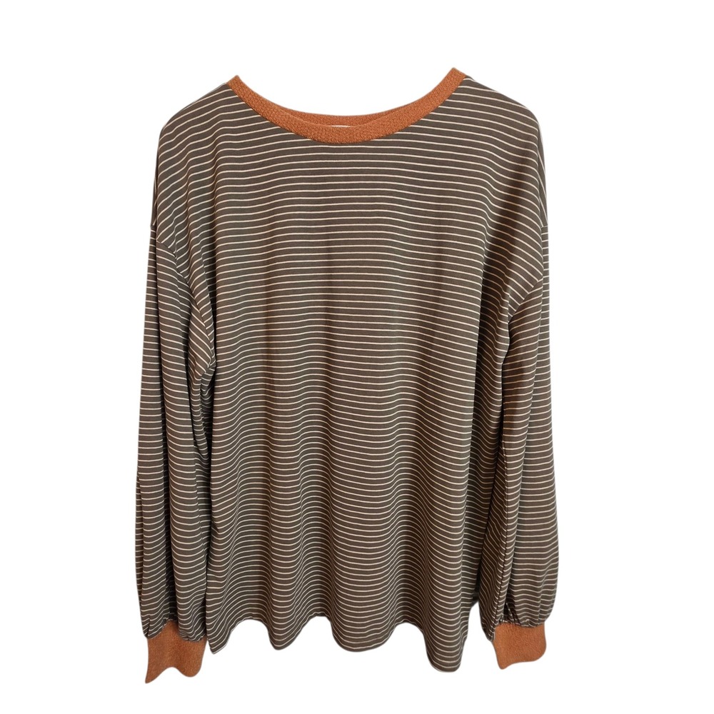 ANDTHEWHY Olive Green Striped Long Sleeve Top Brown Trim Ribbed Cuff Size S